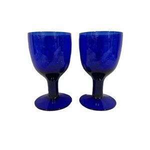 Set Of 2 Vintage Cobalt Blue Water Iced Tea Wine Glasses Thick Stem Goblets 7”